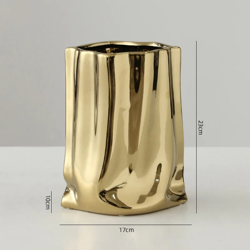 Electroplated Gold Silver Ceramic pleated Vase Creative Flower Arrangement Home Decoration Living Room Table, Light Luxury Style