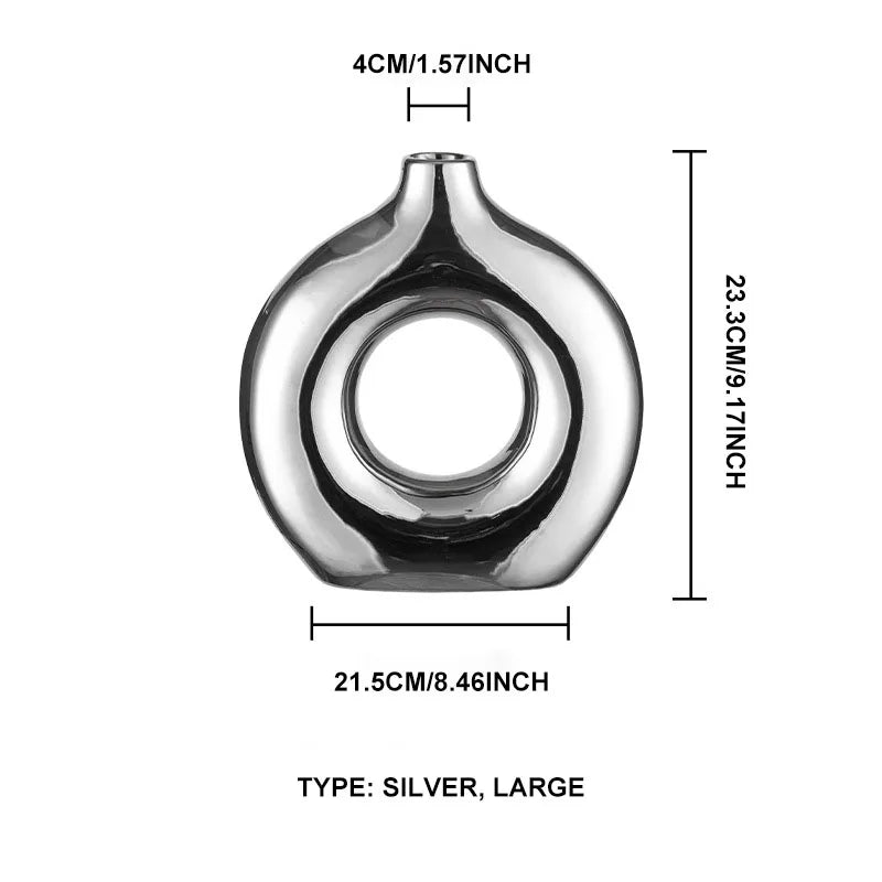 TingKe-Modern Simple Electroplating Silver Hollow Circle Shape Ceramic Vase, Light Luxury Home Decoration, Ornaments