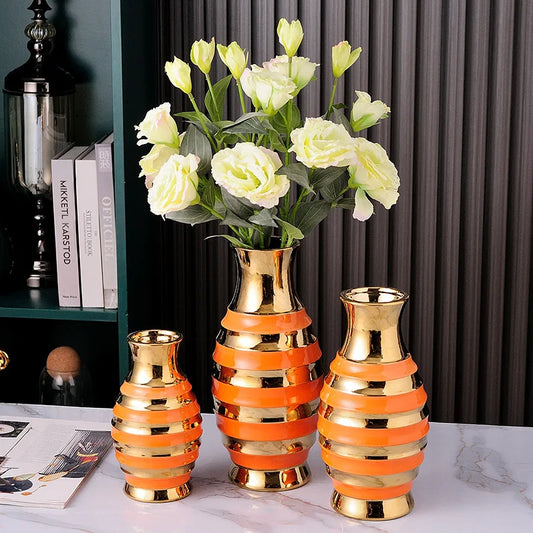 Light Luxury Chinese Handmade Golden Electroplated Ceramic Vase Living Room Decorations Home Flower Arrangement Modern Ornaments