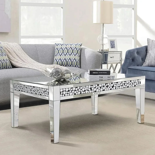 Rectangle Mirrored Coffee Table, Silver Living Room Table with Diamond Inlay, Modern Luxury Mirrored Furniture Tea Table