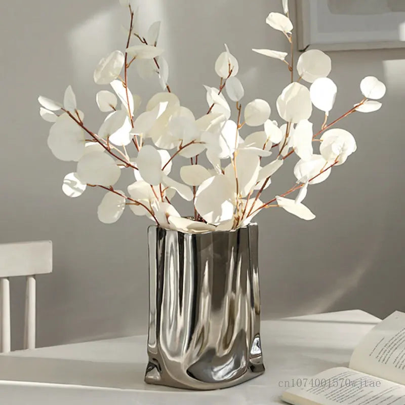 Electroplated Gold Silver Ceramic pleated Vase Creative Flower Arrangement Home Decoration Living Room Table, Light Luxury Style