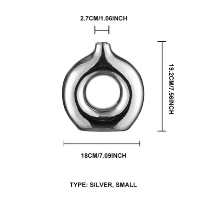 TingKe-Modern Simple Electroplating Silver Hollow Circle Shape Ceramic Vase, Light Luxury Home Decoration, Ornaments