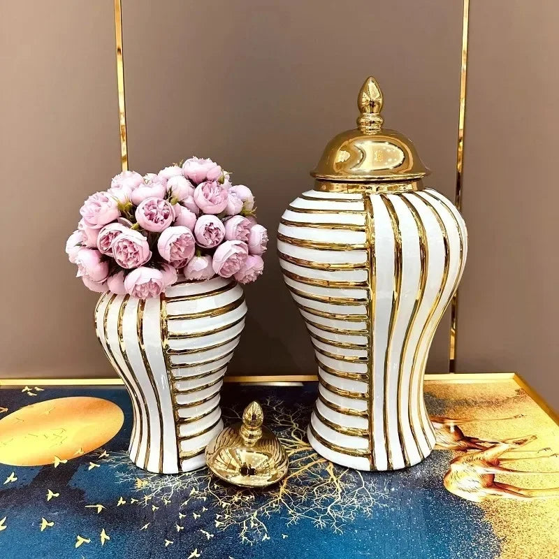 Ceramic Light Luxury Electroplated General Cans European Style Flower Vase Crafts Decorative Decorative Storage Tanks with Soft