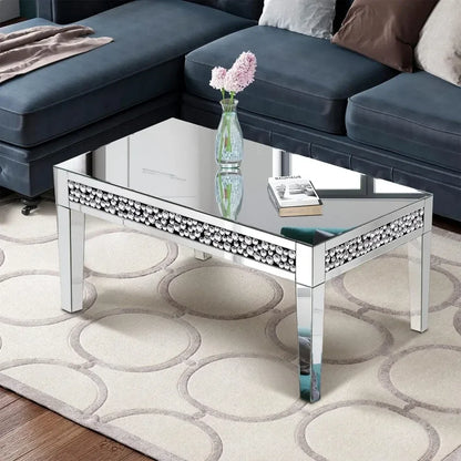 Rectangle Mirrored Coffee Table, Silver Living Room Table with Diamond Inlay, Modern Luxury Mirrored Furniture Tea Table