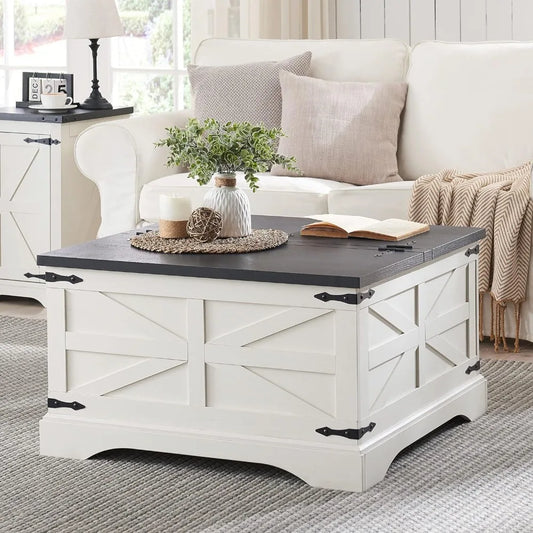 Farmhouse Coffee Table, Square Wood Center Table with Large Hidden Storage Compartment for Living Room