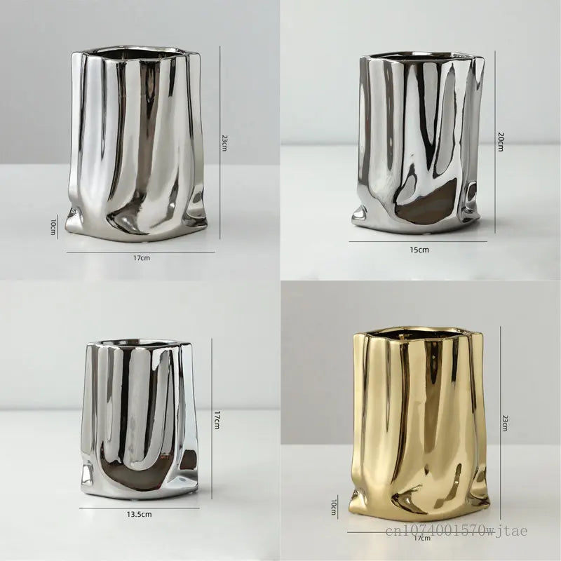 Electroplated Gold Silver Ceramic pleated Vase Creative Flower Arrangement Home Decoration Living Room Table, Light Luxury Style