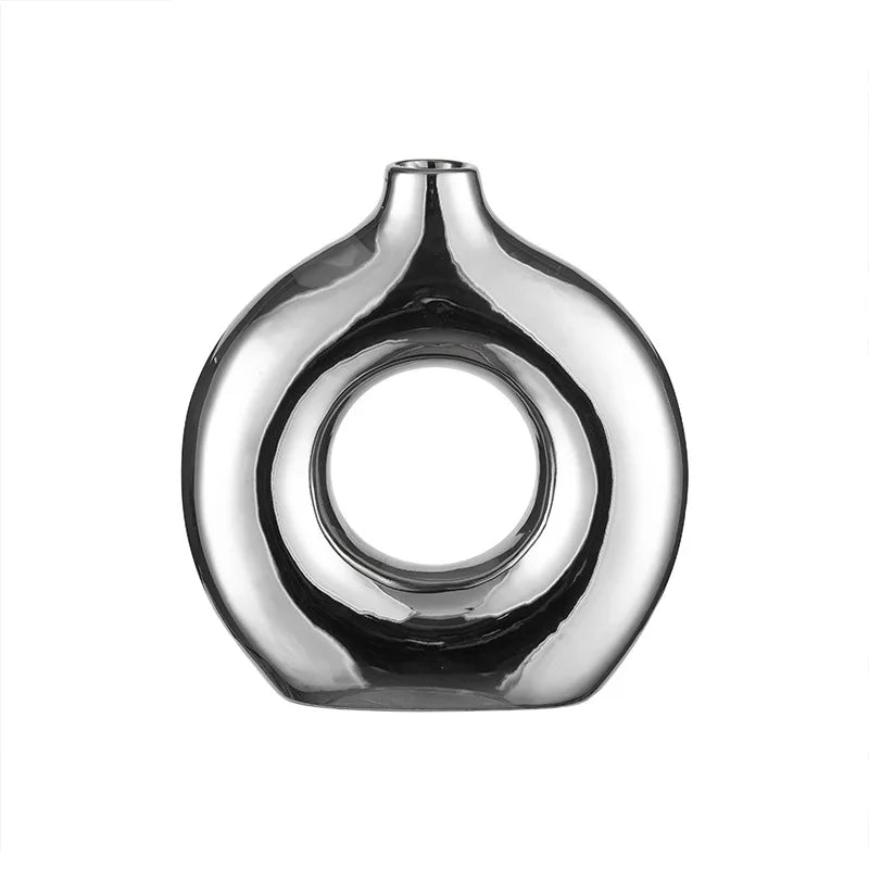 TingKe-Modern Simple Electroplating Silver Hollow Circle Shape Ceramic Vase, Light Luxury Home Decoration, Ornaments