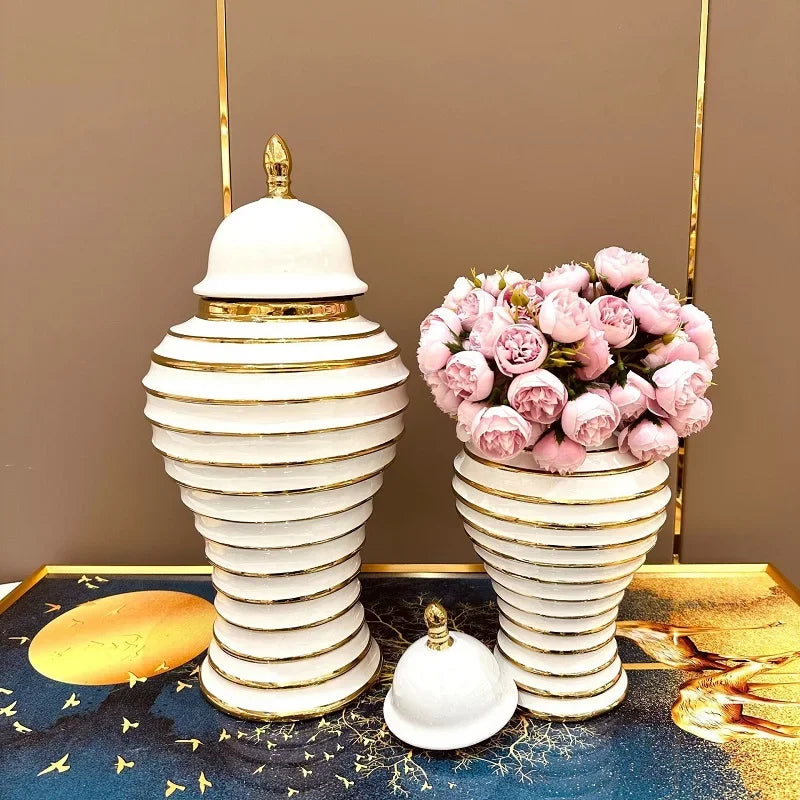 Ceramic Light Luxury Electroplated General Cans European Style Flower Vase Crafts Decorative Decorative Storage Tanks with Soft